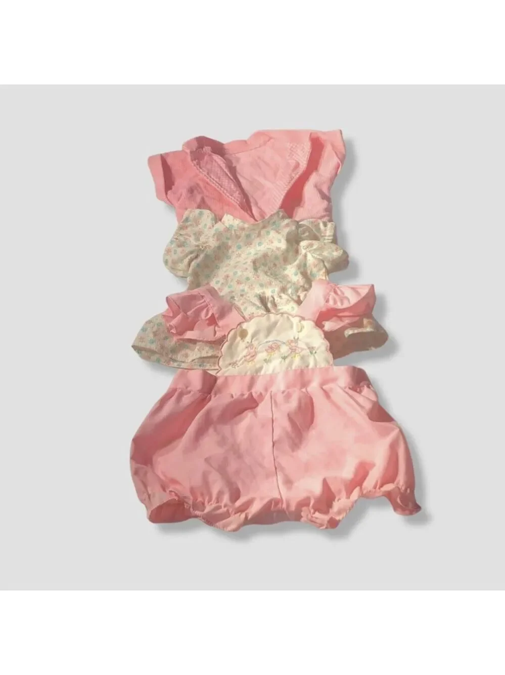 Vintage doll teddy bear outfit pink overalls floral shirt corduroy coat ruffles